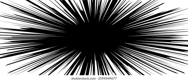 Black and white illustration depicting a powerful explosion burst with radiating lines emanating from a central point creating a dramatic effect.