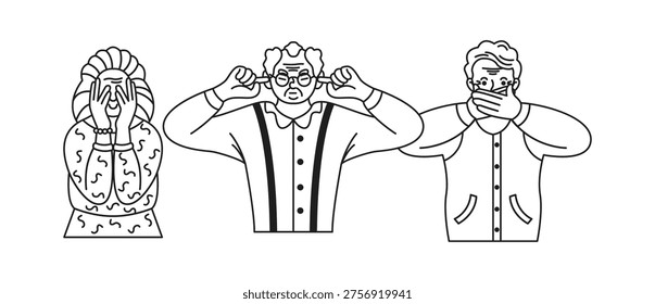 Black and white illustration depicting three cartoon figures expressing a wellknown idiom about not seeing, hearing, or speaking signs of mischief.