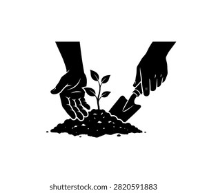A black and white illustration depicting two hands, one carefully placing a small plant into a mound of soil, while the other hand uses a gardening trowel to assist in the planting process.