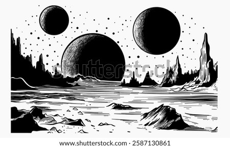 A black and white illustration depicts an alien planet's desolate landscape under a sky filled with three large moons and scattered stars.