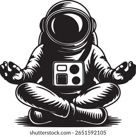 A black and white illustration depicts an astronaut silhouette sitting crosslegged in a meditative pose The style is bold and graphic with strong lines and textures