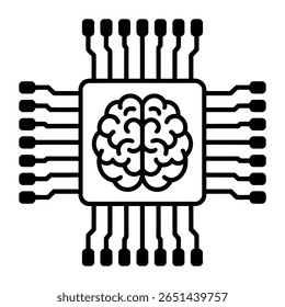 A black and white illustration depicts a brain centrally located within a square microchip circuit board with connecting pins on all sides. The style is simple and bold.