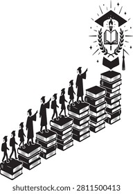  black and white illustration depicts a graduation metaphor featuring students climbing a staircase made of books.