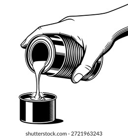 A black and white illustration depicts a hand pouring dark liquid from a paint can into another smaller can.