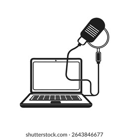 Uma ilustração em preto-e-branco representa um notebook com um microfone conectado a ele por meio de um cabo USB. O estilo é simples e minimalista, com contornos em negrito contra um fundo branco