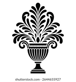 A black and white illustration depicts an ornate urn filled with a stylized floral arrangement The design is symmetrical and features classic decorative elements.