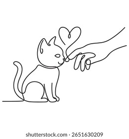 A black and white illustration depicts a single-line drawing of a cat and a hand forming a heart shape above the cat's head. 