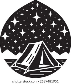 A black and white illustration depicts a tent nestled in a mountainous landscape under a night sky filled with stars. The style is simple and graphic.