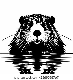 black and white illustration design of beaver with water reflections on a white background