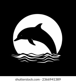 Black and white illustration design of dolphins and moon on black background