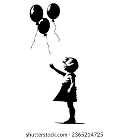 diseño de ilustración en blanco y negro de una chica con globos sobre fondo blanco