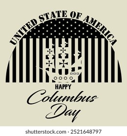 Design de ilustração em preto e branco de um cartão de saudação com o tema de celebração do Dia de Colombo em forma de semicírculo. Perfeito para, modelos, ilustrações de fundo, etc