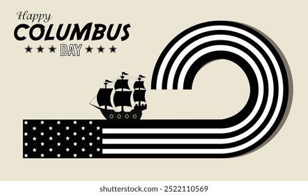 Black and white illustration design for a greeting card with a Columbus Day theme with a semicircle and straight lines that blend together. Perfect for templates, greeting cards, etc