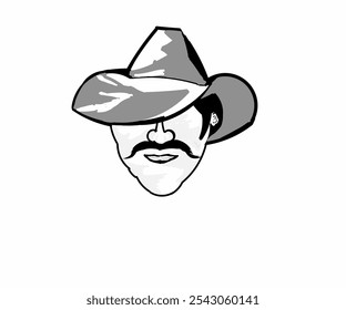 Black and white illustration design of a man with a thick mustache wearing a cowboy hat