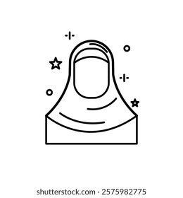 Black and white illustration design of a Muslim woman wearing a hijab, an Islamic Ramadan icon