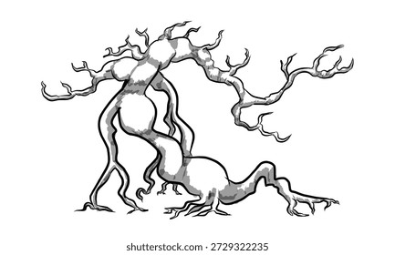 Diseño de ilustración en blanco y negro de un viejo árbol en una naturaleza espeluznante