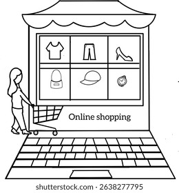 Black and white illustration design of onlaine shopping icon woman pushing shopping trolley on laptop