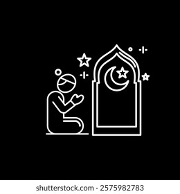 Black and white illustration design of praying man icon at night, Islamic Ramadan icon