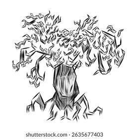black and white illustration design of trees like in a mystical forest