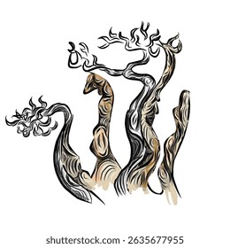 desenho ilustração preto e branco de árvores como em uma floresta mística