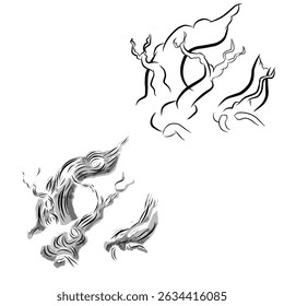 Diseño de ilustración en blanco y negro de un árbol único con parte del tronco seco y algo creciendo bien