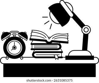ilustração em preto e branco de uma mesa com um relógio, uma lâmpada e uma pilha de livros