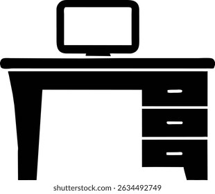 Black and white illustration of a desk with a monitor. Perfect for website, app, and graphic design. Isolated on white background.