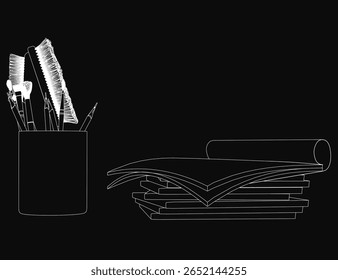 Uma ilustração em preto e branco de uma mesa com um suporte de caneta preenchido com pincéis e uma pilha de livros. O fundo escuro cria uma atmosfera misteriosa, mas organizada.