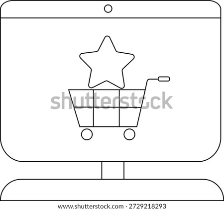 Black and white illustration of a desktop computer displaying a shopping cart with a star