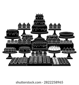 A black and white illustration of a dessert table laden with various cakes, cupcakes, and pastries.