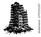 Black and white illustration of a destroyed building with rubble on white background icon