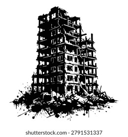Black and white illustration of a destroyed building with rubble on white background icon