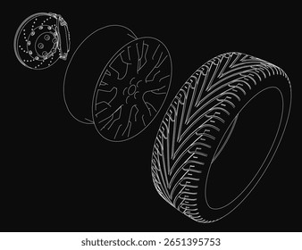 A black and white illustration of a detailed car tire with visible tread pattern, paired with a wheel in the background. The high-contrast composition emphasizes texture and design.