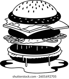 Black and White Illustration of a Detailed Layered Burger Drawing