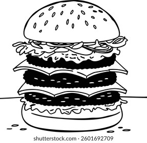 Black and White Illustration of a Detailed Layered Burger Drawing