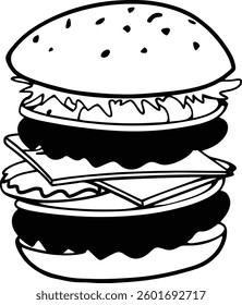 Black and White Illustration of a Detailed Layered Burger Drawing