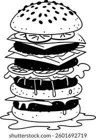 Black and White Illustration of a Detailed Layered Burger Drawing