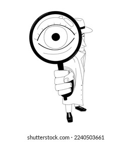 Black and white illustration of a detective in a hat and cloak looking into a magnifying glass, big eye, cartoon style, line art, children's illustration, flat style