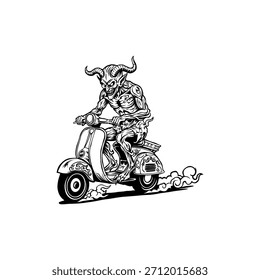 Ilustración en blanco y negro de un diablo montando una moto