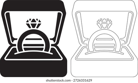 Uma ilustração em preto e branco de um anel de diamante em uma caixa de joias aberta, com um design detalhado e linhas limpas, em um fundo branco