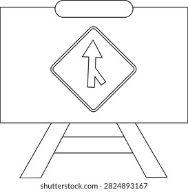 A black and white illustration of a diamond-shaped road sign depicting a merging traffic symbol with an arrow indicating traffic flow.