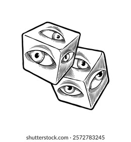 black and white illustration of a dice with many eyes