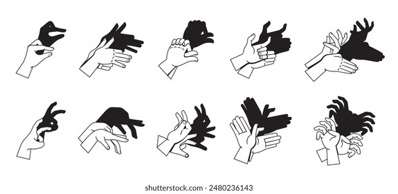 Black And White Illustration Of Different Hand Shadow Puppets Creating Various Animal Shapes, Vector Image