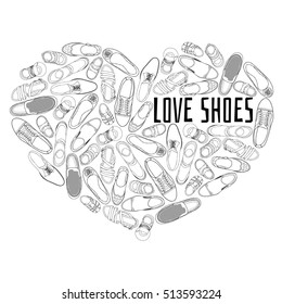 Black and white illustration of different shoes laid out in the shape of heart. Lettering love shoes