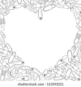 Black and white illustration of different shoes laid out in the shape of heart	

