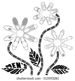 Black and white illustration of different shoes laid out in the form of flowers