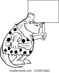 Black and white illustration of a dinosaur dressed as a caveman and holding a sign.