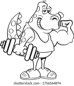Black and white illustration of a dinosaur holding a dumbbell and making a muscle.