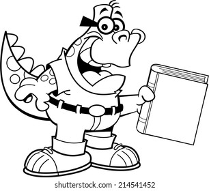 Black and white illustration of a dinosaur holding a book.