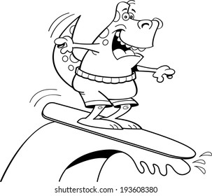 Black and white illustration of a dinosaur surfing.